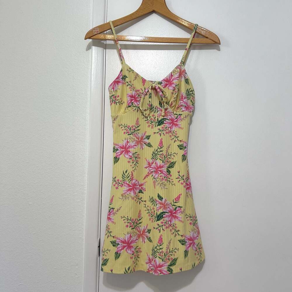 Derek Heart Women's Yellow Floral Print Ribbed Spaghetti Strap Mini Dress